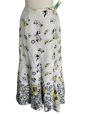 JM Collection Linen Bold Floral Midi Skirt White Black Yellow Tullip Cottage 10P
